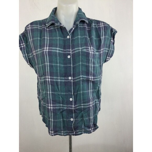 Cloth & Stone Womens Plaid Short Sleeve Collared Button Shirt Blue Green Size XS - Picture 8 of 9